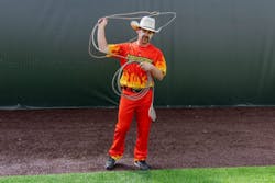 Oklahoma City Fire Department Corporal Mat Wolfe is a second baseman/pitcher for The Firefighters. In addition, he serves along as the 'rodeo clown' on the baseball team. Oklahoma City Fire Department Corporal Mat Wolfe is a second baseman/pitcher for The Firefighters. In addition, he serves along as the 'rodeo clown' on the baseball team.