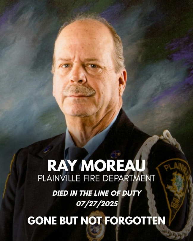 Plainville Firefighter Raymond Moreau, 60, was killed after suffering a 'catastrophic injury' next to a fire apparatus Sunday morning.