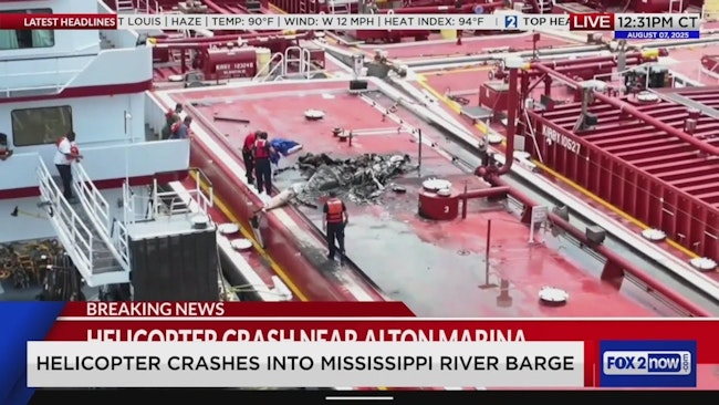 Helicopter Strikes Power Lines, Crashes into Barge in Alton, IL