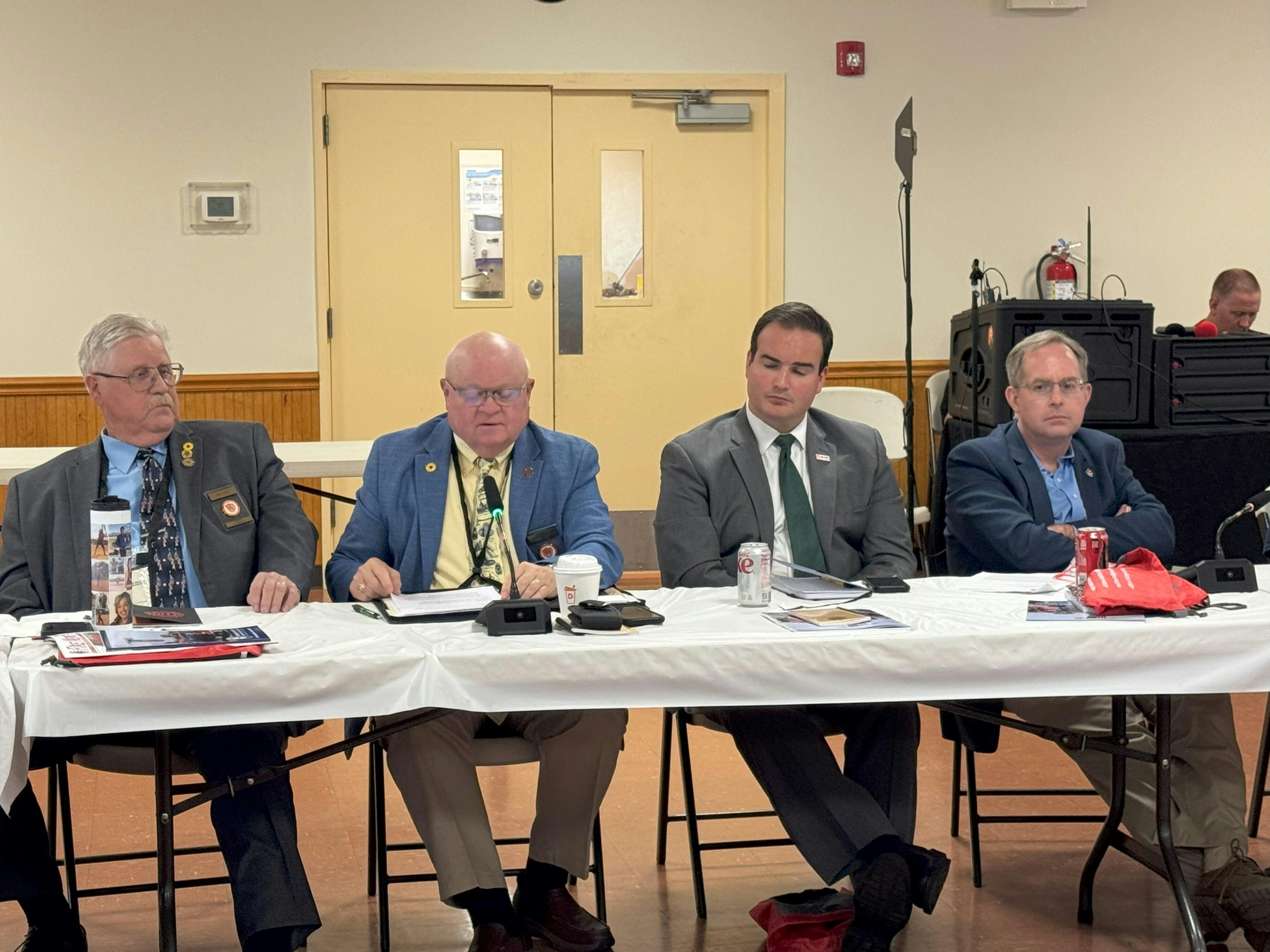 Listening to updates at the Cumberland Valley Volunteer Firefighters Association are from left, Lee Lutz, Maryland State Firefighters Association, second vice-president; Charles J. Simpson Jr., MSFA president; Ryan Woodward, NVFC chief of legislative affairs and Ken LaSala, IAFC director of government relations and policy,