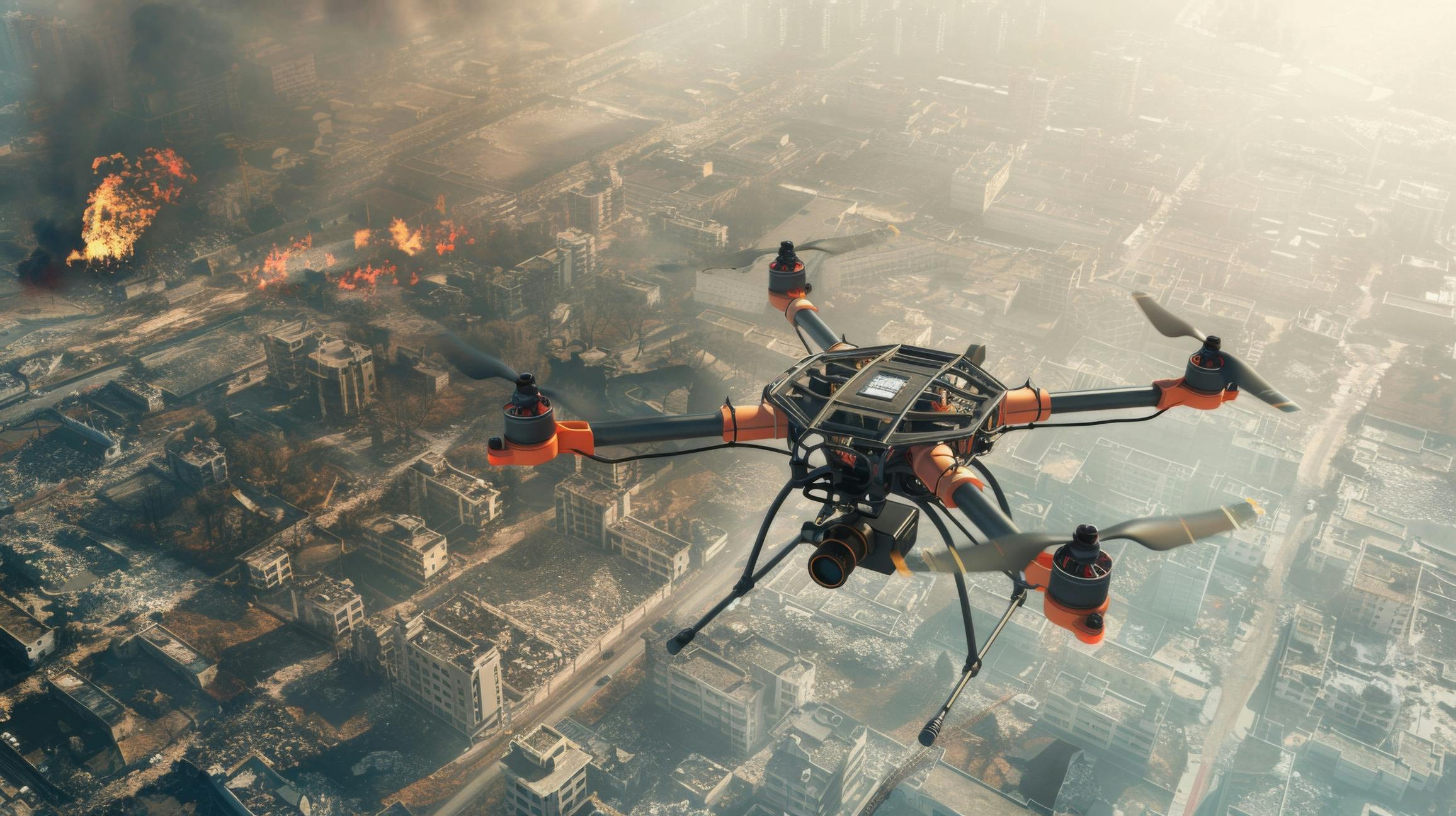 As fire station design and firefighting technology evolves, drones will become part of the firefighting response from fire stations. This image depicts the ability for a drone to deploy from a firehouse and arrive ahead of firefighters who may be delayed by traffic or vehicles leaving the vicinity of an incident.