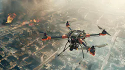 As fire station design and firefighting technology evolves, drones will become part of the firefighting response from fire stations. This image depicts the ability for a drone to deploy from a firehouse and arrive ahead of firefighters who may be delayed by traffic or vehicles leaving the vicinity of an incident.