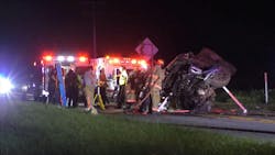 Firefighters work to stabilize a vehicle after a head-on crash that injured Dunn Emergency Services assistant chief. Firefighters work to stabilize a vehicle after a head-on crash that injured Dunn Emergency Services assistant chief.