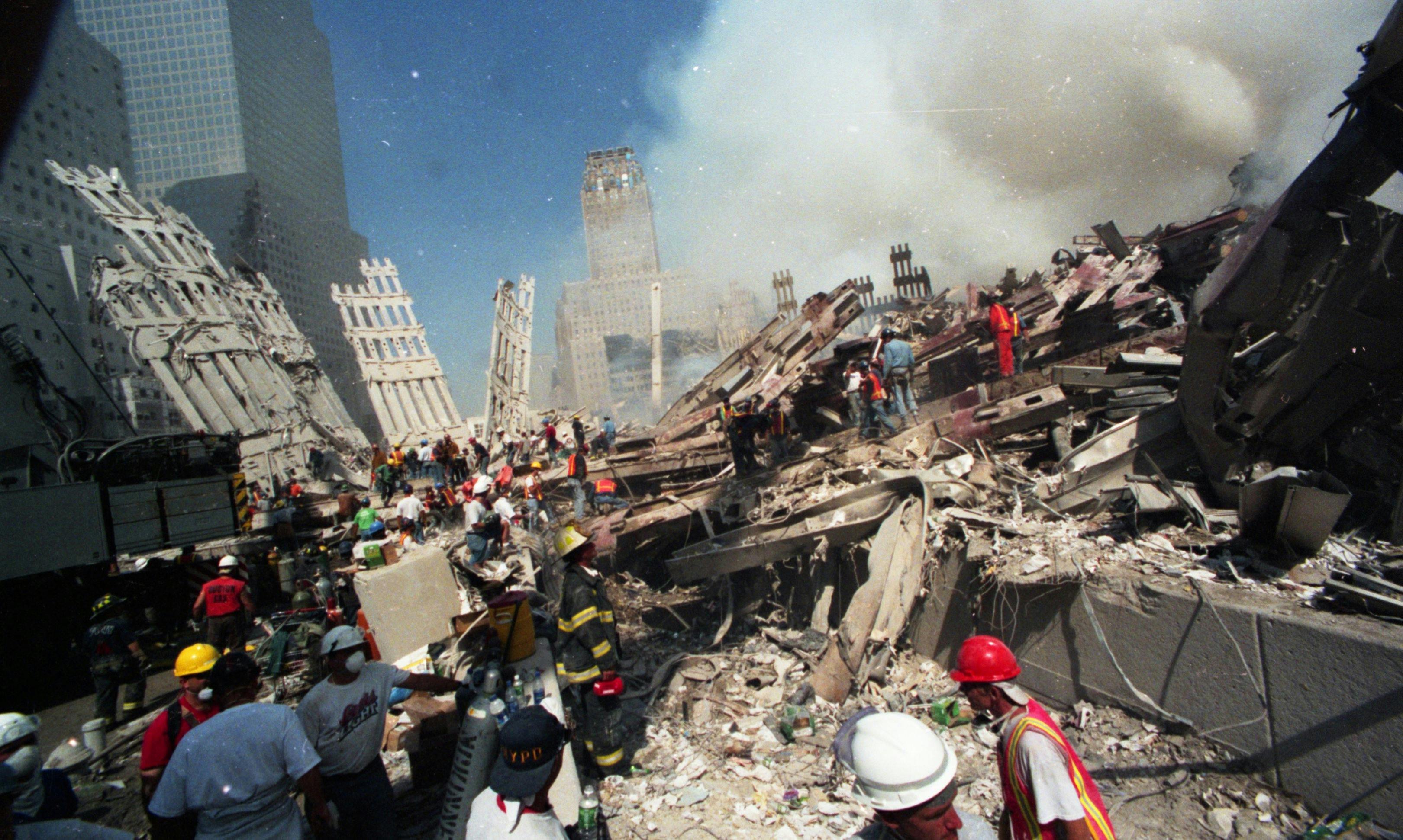 Rescue workers are pictured after the terror attacks on the World Trade Center in Manhattan, New York, on Sept. 12, 2001.