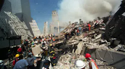 Rescue workers are pictured after the terror attacks on the World Trade Center in Manhattan, New York, on Sept. 12, 2001.
