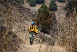 A firefighter walks along a dirt road in the Lookout Mountain region in eastern Oregon near Durkee, OR A firefighter walks along a dirt road in the Lookout Mountain region in eastern Oregon near Durkee, OR