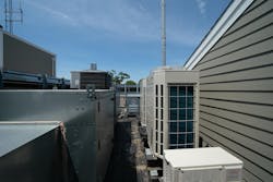 A variable refrigerant flow (VRF) Heat Recovery System is an HVAC system that can simultaneously provide both heating and cooling to different zones of a fire station. A variable refrigerant flow (VRF) Heat Recovery System is an HVAC system that can simultaneously provide both heating and cooling to different zones of a fire station.