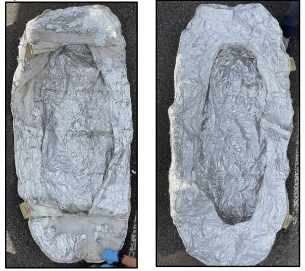 The image on the left shows the degradation of a pre-2006 fire shelter while the photo on the right shows a testing on a 2017 shelter minimal indicators of delamination.