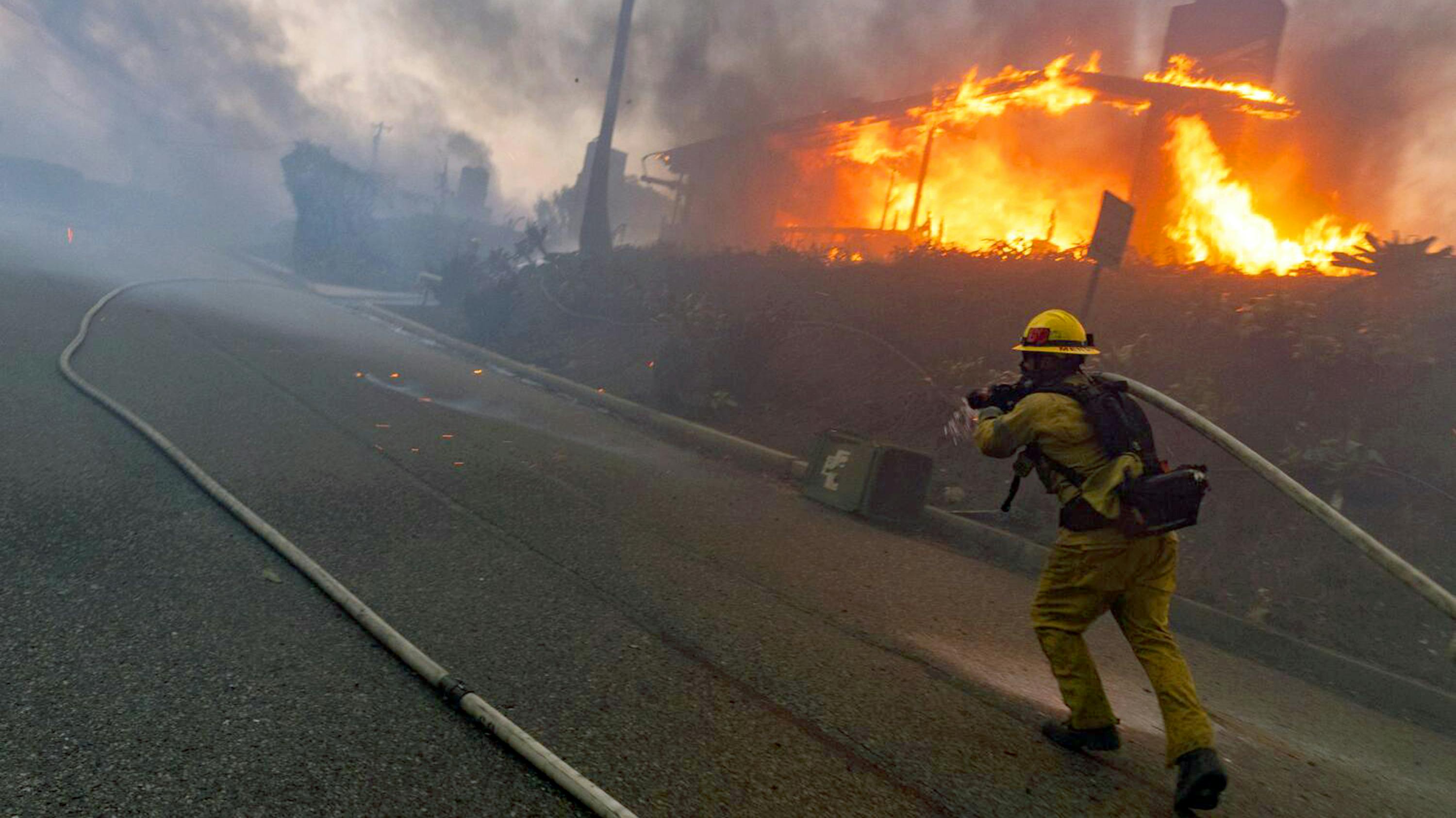 A firefighter works at the Palisades fire in January.