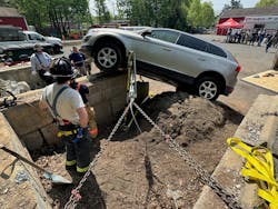 In this circumstance in which a car teetered on a pile of debris and its front axle is caught up on a high object, initially, the vehicle only had two points of contact that weren’t solid. The vehicle can slide and teeter on either point. Do members strut one side or both sides? Is there anything to use to set up and establish as tire back? Can a grip hoist be incorporated to assist with the operation? If so, is that tool on scene or must mutual aid be called? In this circumstance in which a car teetered on a pile of debris and its front axle is caught up on a high object, initially, the vehicle only had two points of contact that weren’t solid. The vehicle can slide and teeter on either point. Do members strut one side or both sides? Is there anything to use to set up and establish as tire back? Can a grip hoist be incorporated to assist with the operation? If so, is that tool on scene or must mutual aid be called?