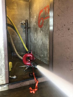 Because advanced fire conditions could occur and require amounts of water that exceed that which can be supplied by a 2½-inch hoseline, engine companies must train on deploying ground monitors to upper floors. Because advanced fire conditions could occur and require amounts of water that exceed that which can be supplied by a 2½-inch hoseline, engine companies must train on deploying ground monitors to upper floors.