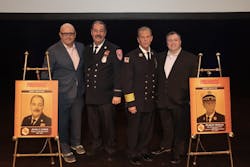 Hall of Fame inductees, John J. Lewis (second from left) and Robert Moran (second from right) are flanked by Firehouse Vice President Bill MacRae, (left) and Editor Peter Matthews. Hall of Fame inductees, John J. Lewis (second from left) and Robert Moran (second from right) are flanked by Firehouse Vice President Bill MacRae, (left) and Editor Peter Matthews.