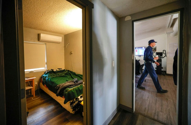 A North County firefighter through Fire Station No. 4 in Fallbrook. Renovatoins to the station are expected to cost $14 million.