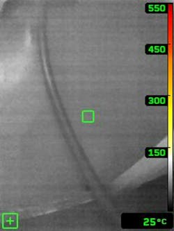 The distinctive shape of a hoseline is visible using a situational-awareness thermal imaging camera. The distinctive shape of a hoseline is visible using a situational-awareness thermal imaging camera.
