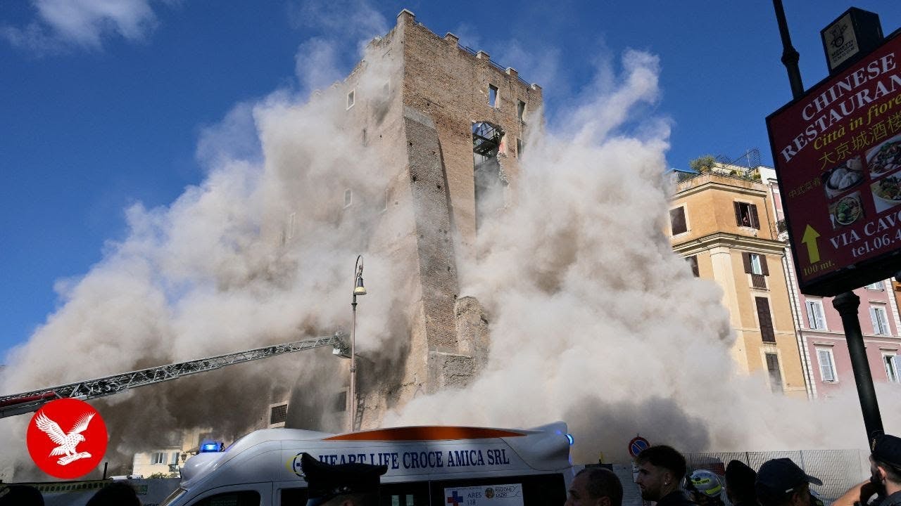 Moment Rome medieval tower Torre dei Conti collapses leaving several injured