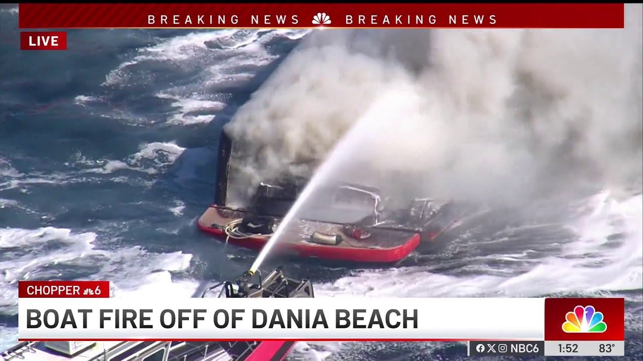 2 people safe after boat consumed by fire in ocean off Dania Beach