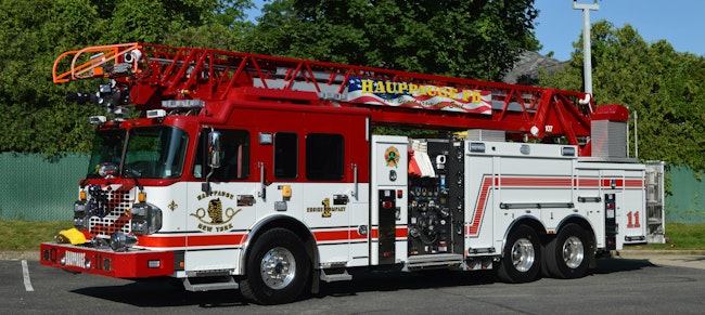 Quint 3-8-11 is one of two Spartan ER Smeal 107-foot quints that are operated by the Hauppauge, NY, Fire District (HFD). Outfitted with a 238-inch wheelbase, the rig proved to be maneuverable in the response area, which was confirmed by reviewing turning radius charts at the preconstruction conference.