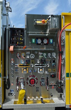 The pump panel on the OFC’s new pumper incorporates direct-acting linkages for discharges, a hand-wheel crank control for the deck gun and electric valves for the twin right-side 4-inch discharges. Note the location of the 2-inch discharge piping for the crosslay hosebeds. The pump panel on the OFC’s new pumper incorporates direct-acting linkages for discharges, a hand-wheel crank control for the deck gun and electric valves for the twin right-side 4-inch discharges. Note the location of the 2-inch discharge piping for the crosslay hosebeds.