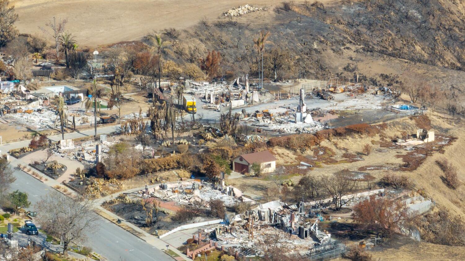 A view of the burned homes in Camarillo, CA, in the aftermath of the 2024 Mountain fire.