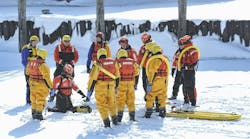 When a department wants to formalize an existing ice rescue program or create one from scratch, reaching out to neighboring and/or regional departments or external resources can provide a leg up regarding equipment and outside training providers to consider and improved interoperability down the road. Here, two departments and the U.S. Coast Guard work on ice rescue techniques at a joint training. When a department wants to formalize an existing ice rescue program or create one from scratch, reaching out to neighboring and/or regional departments or external resources can provide a leg up regarding equipment and outside training providers to consider and improved interoperability down the road. Here, two departments and the U.S. Coast Guard work on ice rescue techniques at a joint training.