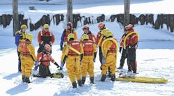 When a department wants to formalize an existing ice rescue program or create one from scratch, reaching out to neighboring and/or regional departments or external resources can provide a leg up regarding equipment and outside training providers to consider and improved interoperability down the road. Here, two departments and the U.S. Coast Guard work on ice rescue techniques at a joint training. When a department wants to formalize an existing ice rescue program or create one from scratch, reaching out to neighboring and/or regional departments or external resources can provide a leg up regarding equipment and outside training providers to consider and improved interoperability down the road. Here, two departments and the U.S. Coast Guard work on ice rescue techniques at a joint training.
