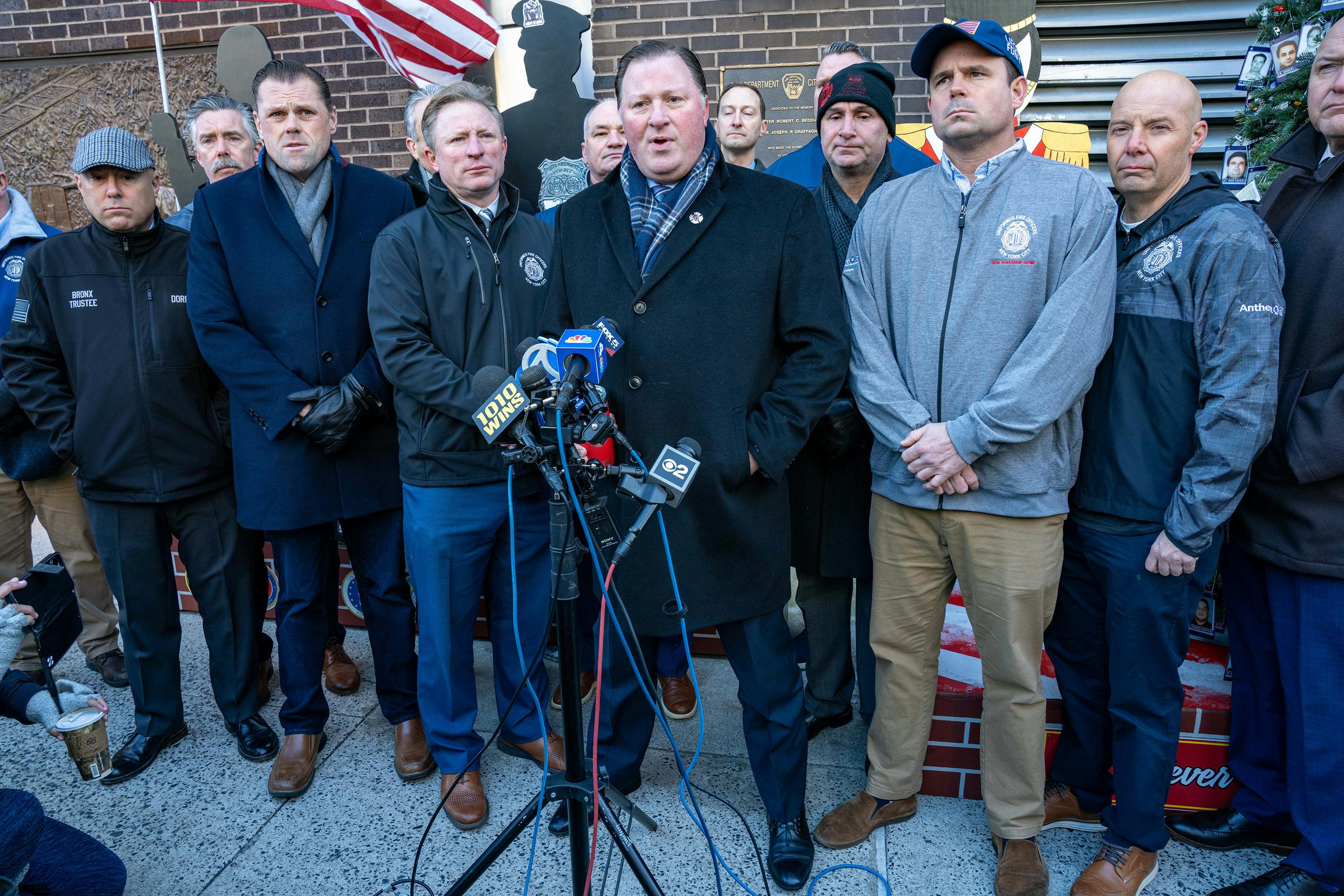 Uniformed Firefighters Association President Andrew Ansbro and James Brosi, president of the Uniformed Fire Officers Association at a 2024 press conference at Engine 10, located across from the World Trade Center Site. This weekend, they said New York City officials withheld information from FDNY firefighters about health conditions following the Sept. 11 terror attacks.