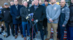 Uniformed Firefighters Association President Andrew Ansbro and James Brosi, president of the Uniformed Fire Officers Association at a 2024 press conference at Engine 10, located across from the World Trade Center Site. This weekend, they said New York City officials withheld information from FDNY firefighters about health conditions following the Sept. 11 terror attacks.