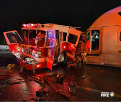 Four Houston firefighters were injured Sunday when their pumper was struck by a tractor-trailer.