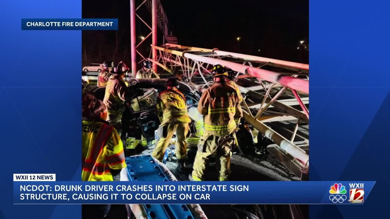 2 injured after overhead interstate sign collapses on car in Charlotte