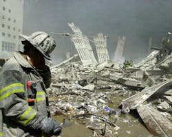 A firefighter stands amid the ruins of the World Trade Center on Sept. 11. A firefighter stands amid the ruins of the World Trade Center on Sept. 11.