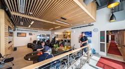 The new fire headquarters in Greenfield, MA, features an open-concept layout between the dayroom and kitchen, enhanced by warm wood tones, acoustic ceilings and wall panels. The new fire headquarters in Greenfield, MA, features an open-concept layout between the dayroom and kitchen, enhanced by warm wood tones, acoustic ceilings and wall panels.