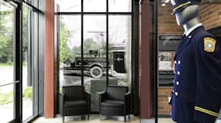 The 24/7 lobby of Arlington County, VA, Fire Department Fire Station 8 includes panels that are designed around the six community virtues that emerged from meetings that included members of the community. Artifacts that were donated by the Halls Hill community include a full dress uniform and photographs from family and department archives. An image of the original Halls Hill Volunteer Fire Department water tank aboard the back of its first engine was installed on the glass, so the community can see the fire station and members can see the community through the lens of history. The 24/7 lobby of Arlington County, VA, Fire Department Fire Station 8 includes panels that are designed around the six community virtues that emerged from meetings that included members of the community. Artifacts that were donated by the Halls Hill community include a full dress uniform and photographs from family and department archives. An image of the original Halls Hill Volunteer Fire Department water tank aboard the back of its first engine was installed on the glass, so the community can see the fire station and members can see the community through the lens of history.