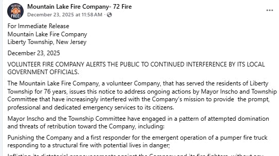 The dispute between the Mountain Lake Fire Company and Liberty Township involves accusations of political vendettas, unfair punishments, and safety concerns following a vehicle operation incident, leading to legal battles and calls for code revisions within the fire department.