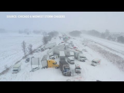 Drone video shows the scope of massive Michigan pileup