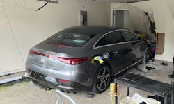 This EV was involved in an accident that resulted in it traveling through a garage and penetrating an interior wall. Note the green liquid in the lower left area; this is the EV coolant that’s used in the BMS system, meaning that the system is compromised and could be causing the battery to heat up. This EV was involved in an accident that resulted in it traveling through a garage and penetrating an interior wall. Note the green liquid in the lower left area; this is the EV coolant that’s used in the BMS system, meaning that the system is compromised and could be causing the battery to heat up.