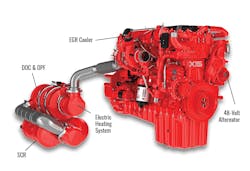 Engines that meet the Environmental Protection Agency’s new emission mandates will generate the additional heat that’s required for selection catalytic reduction (SCR) solely with electricity, via a 48-volt DC, liquid-cooled alternator. Engines that meet the Environmental Protection Agency’s new emission mandates will generate the additional heat that’s required for selection catalytic reduction (SCR) solely with electricity, via a 48-volt DC, liquid-cooled alternator.