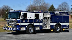 Engine 201 of Manheim Township Fire Rescue (MTFR), which is located in Lancaster County, PA, is a 2024 Pierce Enforcer that has a short wheelbase and an overall length of 29 feet, 8 inches. The rig is equipped with three rear-body, 2½-inch discharges and a 5-inch rear intake. The aluminum body is 140 inches long. Engine 201 of Manheim Township Fire Rescue (MTFR), which is located in Lancaster County, PA, is a 2024 Pierce Enforcer that has a short wheelbase and an overall length of 29 feet, 8 inches. The rig is equipped with three rear-body, 2½-inch discharges and a 5-inch rear intake. The aluminum body is 140 inches long.