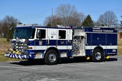 Engine 201 of Manheim Township Fire Rescue (MTFR), which is located in Lancaster County, PA, is a 2024 Pierce Enforcer that has a short wheelbase and an overall length of 29 feet, 8 inches. The rig is equipped with three rear-body, 2½-inch discharges and a 5-inch rear intake. The aluminum body is 140 inches long. Engine 201 of Manheim Township Fire Rescue (MTFR), which is located in Lancaster County, PA, is a 2024 Pierce Enforcer that has a short wheelbase and an overall length of 29 feet, 8 inches. The rig is equipped with three rear-body, 2½-inch discharges and a 5-inch rear intake. The aluminum body is 140 inches long.