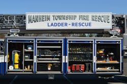 The right side of the trailer on Truck 204 is outfitted with an assortment of rescue tools for vehicle rescue and stabilization. Note the use of heavy web netting to secure shoring blocks with the rollup shutter doors and the aluminum module to accommodate air lifting bags. The right side of the trailer on Truck 204 is outfitted with an assortment of rescue tools for vehicle rescue and stabilization. Note the use of heavy web netting to secure shoring blocks with the rollup shutter doors and the aluminum module to accommodate air lifting bags.
