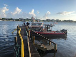 Some large commercial building fires can require more than 5,000 gpm. Sometimes that is beyond a standard hydrant water supply operation. Here, two fire boats provide additional water above and beyond the five fire hydrants that were fully tapped. The incident required a water supply officer to coordinate the different engines pumping hydrants and the two fire boats providing water from the intercoastal waterway. A few tenders were set up as RIT/additional water in case of an emergency. Some large commercial building fires can require more than 5,000 gpm. Sometimes that is beyond a standard hydrant water supply operation. Here, two fire boats provide additional water above and beyond the five fire hydrants that were fully tapped. The incident required a water supply officer to coordinate the different engines pumping hydrants and the two fire boats providing water from the intercoastal waterway. A few tenders were set up as RIT/additional water in case of an emergency.