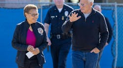 Mayor Karen Bass, left, and her disaster recovery czar Steve Soboroff, right, arrive at a press conference recently. Mayor Karen Bass, left, and her disaster recovery czar Steve Soboroff, right, arrive at a press conference recently.