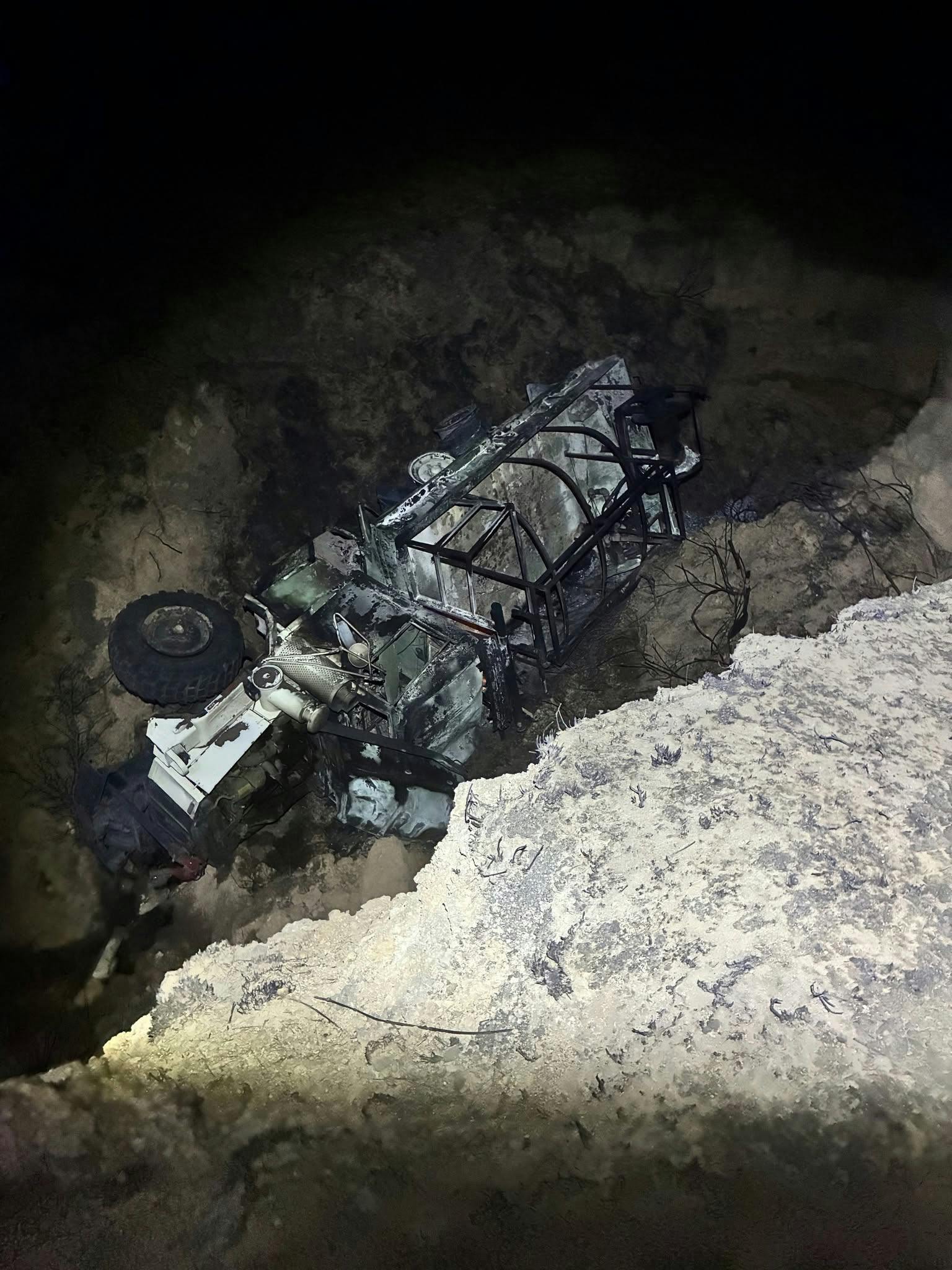 Three Rosston firefighters were injured when this rig rolled over and burned at a brush fire.