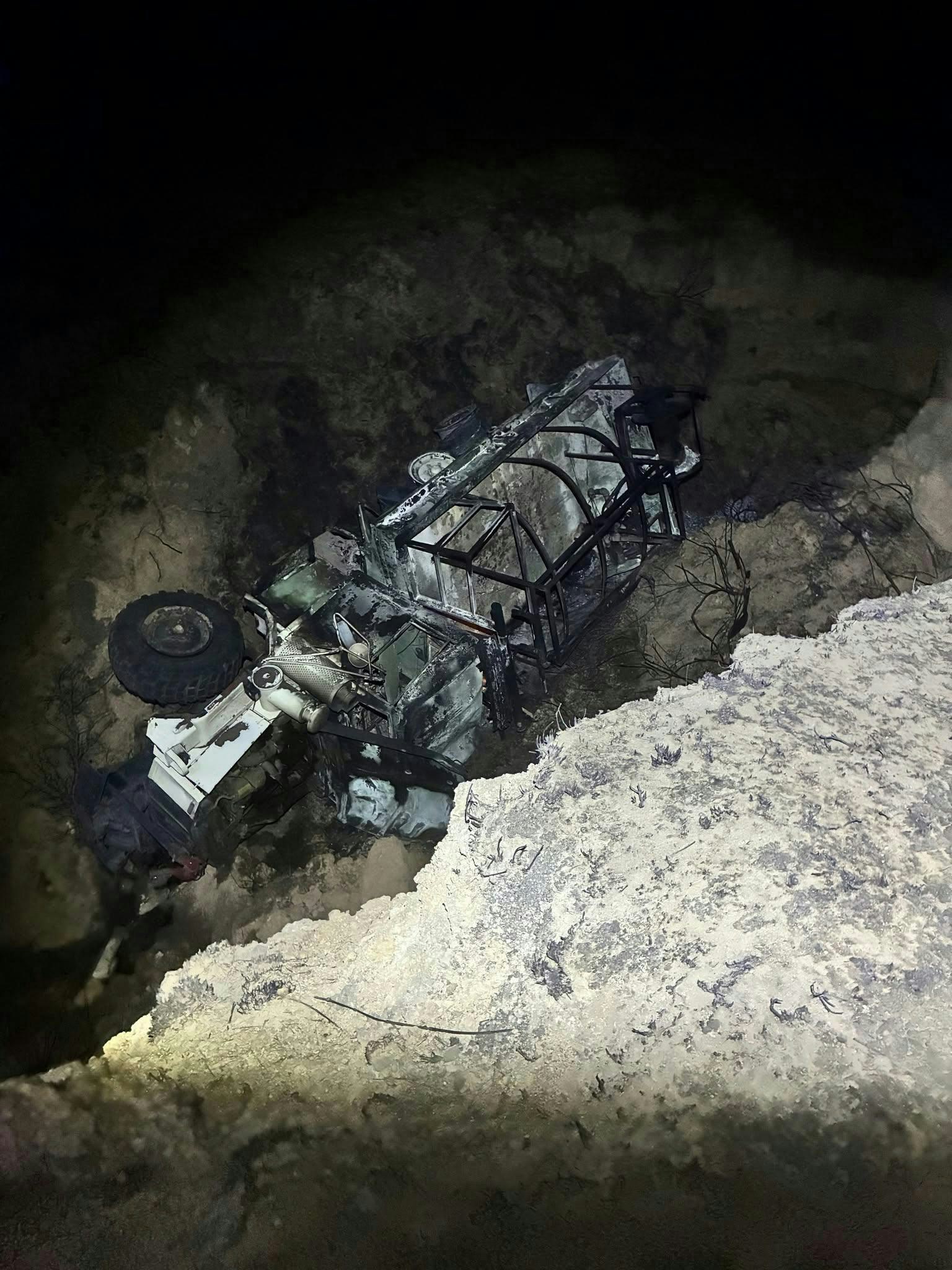 Three Rosston firefighters were injured when this rig rolled over and burned at a brush fire.