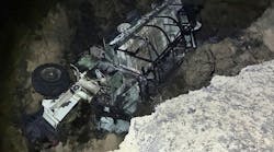 Three Rosston firefighters were injured when this rig rolled over and burned at a brush fire. Three Rosston firefighters were injured when this rig rolled over and burned at a brush fire.