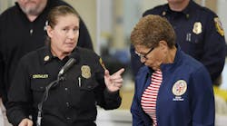 Ousted Los Angeles Fire Chief Krisinre Crowley accuses Mayor Karen Bass, right, of retaliation. Ousted Los Angeles Fire Chief Krisinre Crowley accuses Mayor Karen Bass, right, of retaliation.