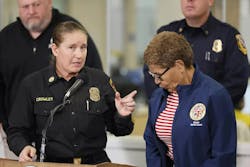 Ousted Los Angeles Fire Chief Krisinre Crowley accuses Mayor Karen Bass, right, of retaliation. Ousted Los Angeles Fire Chief Krisinre Crowley accuses Mayor Karen Bass, right, of retaliation.