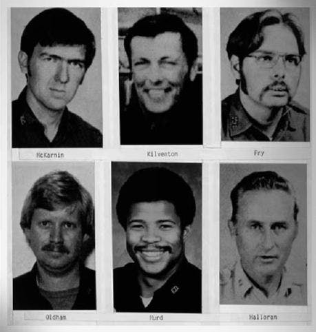 Six firefighters were killed in a Nov. 29, 1988 explosion at a construction site in Kansas City, MO. Top row, from left: Firefighter Robert D. McKarnin, Capt. James H. Kilventon Jr. and Firefighter Thomas M. Fry. Bottom row, from left: Firefighter Michael R. Oldham, Firefighter Luther E. Hurd, and Capt. Gerald C. Halloran.