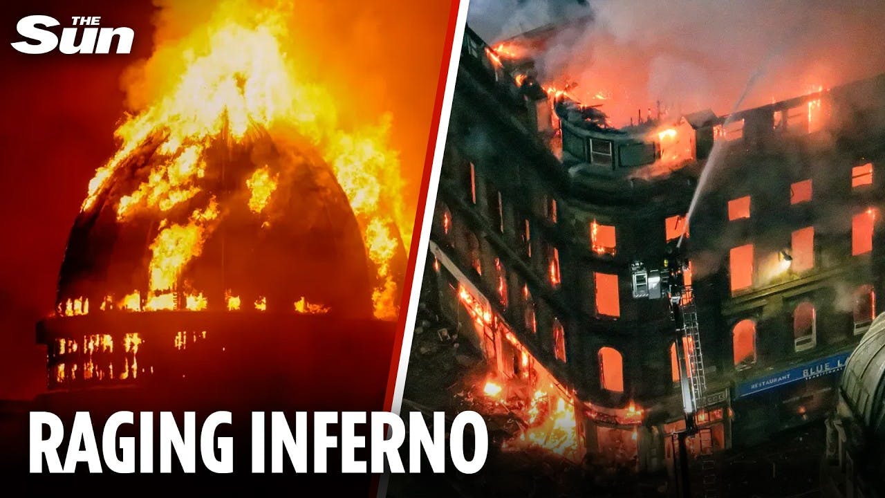 Buildings collapse & Glasgow train station at risk as 60 firefighters battle inferno