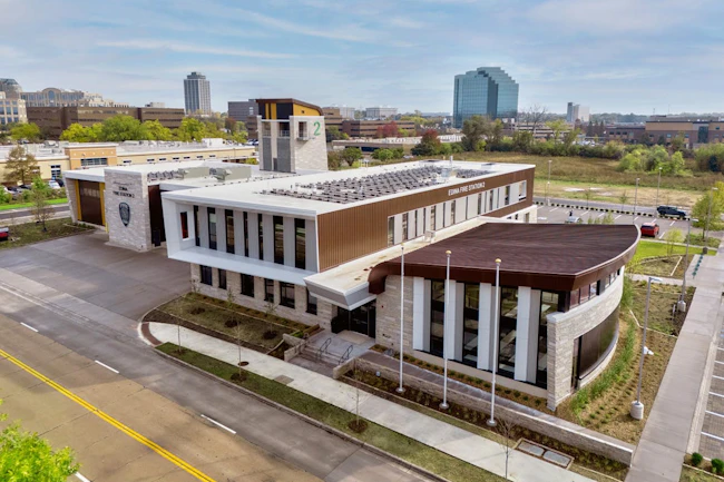 One aspect of creating opportunities for outreach and connection with the public was making Edina Community Health & Safety Center&rsquo;s (ECHSC) exterior as welcoming as possible. It features warm natural stone and an activated fa&ccedil;ade that has multiple entry points. For the building&rsquo;s primary street frontage, a projecting fa&ccedil;ade interacts with the streetscape; a significant canopy demarcates the main entrance.