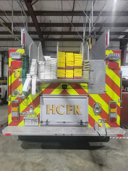 The HCDFRS’ Fouts Fire FB-94 pumpers were modified with additional hosebed dividers to provide six areas to accommodate attack and supply line hose loads. The ground ladders are enclosed on the right side of the body. The HCDFRS’ Fouts Fire FB-94 pumpers were modified with additional hosebed dividers to provide six areas to accommodate attack and supply line hose loads. The ground ladders are enclosed on the right side of the body.